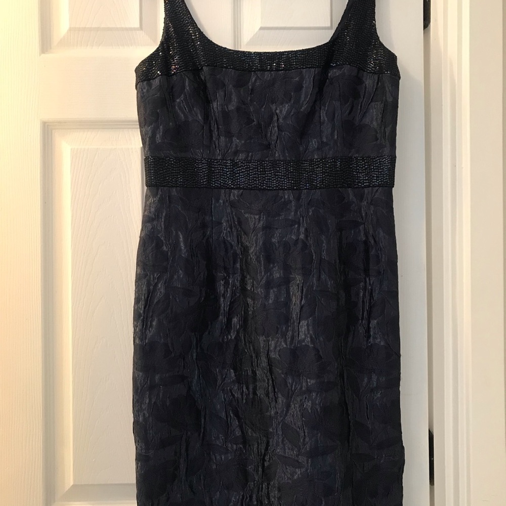 Navy Blue Sleeveless Dress with Sequined Trim.
